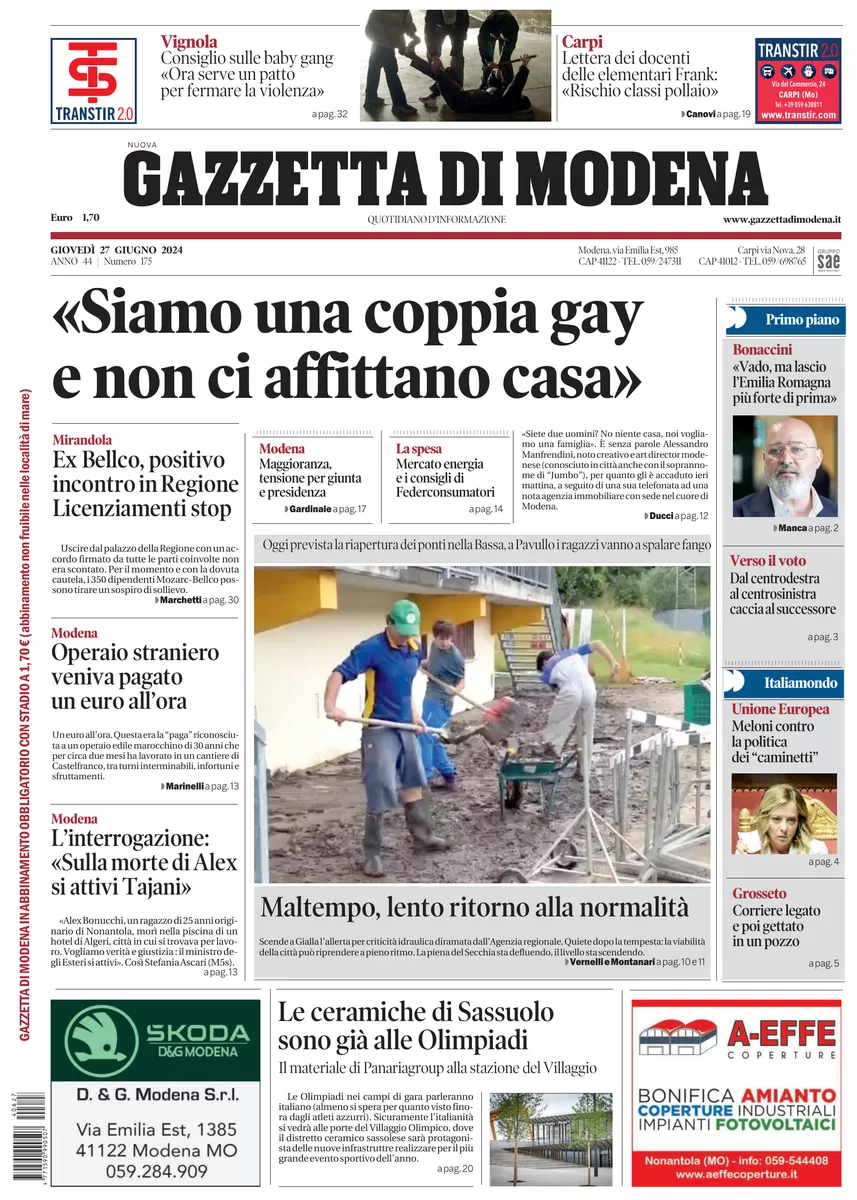 Prima-pagina-gazzetta di modena-oggi-edizione-del-2024-06-27